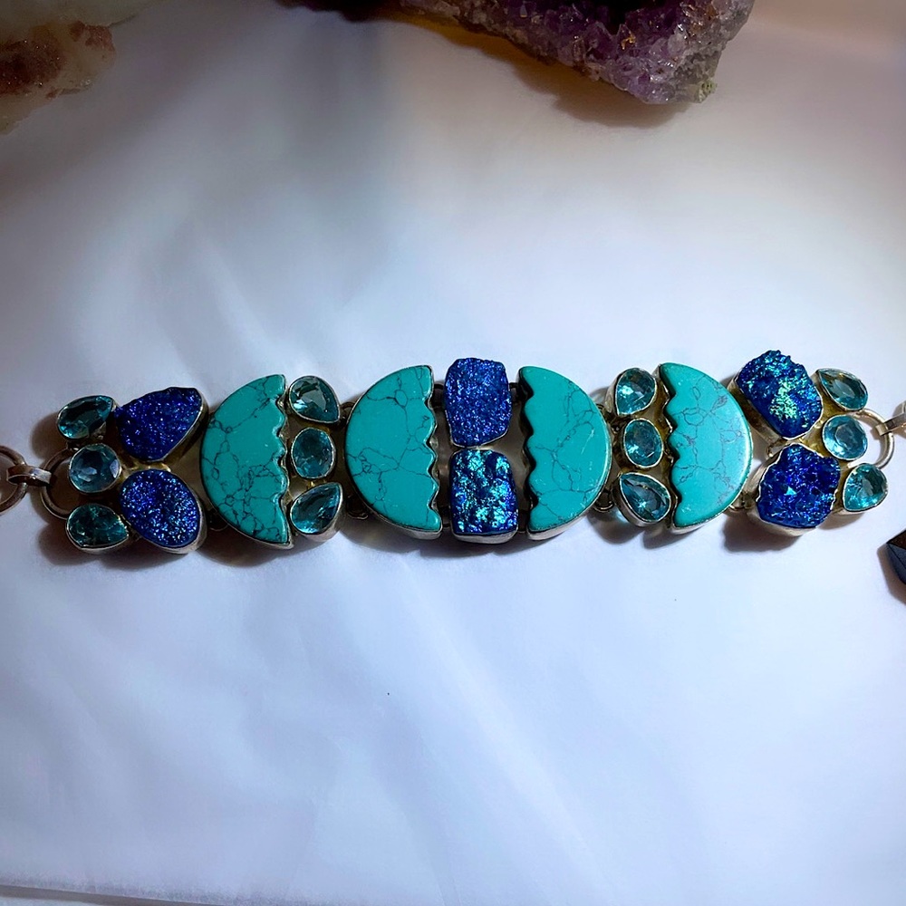 Turquoise, druzy quartz, apatite statement bracelet a celestial style